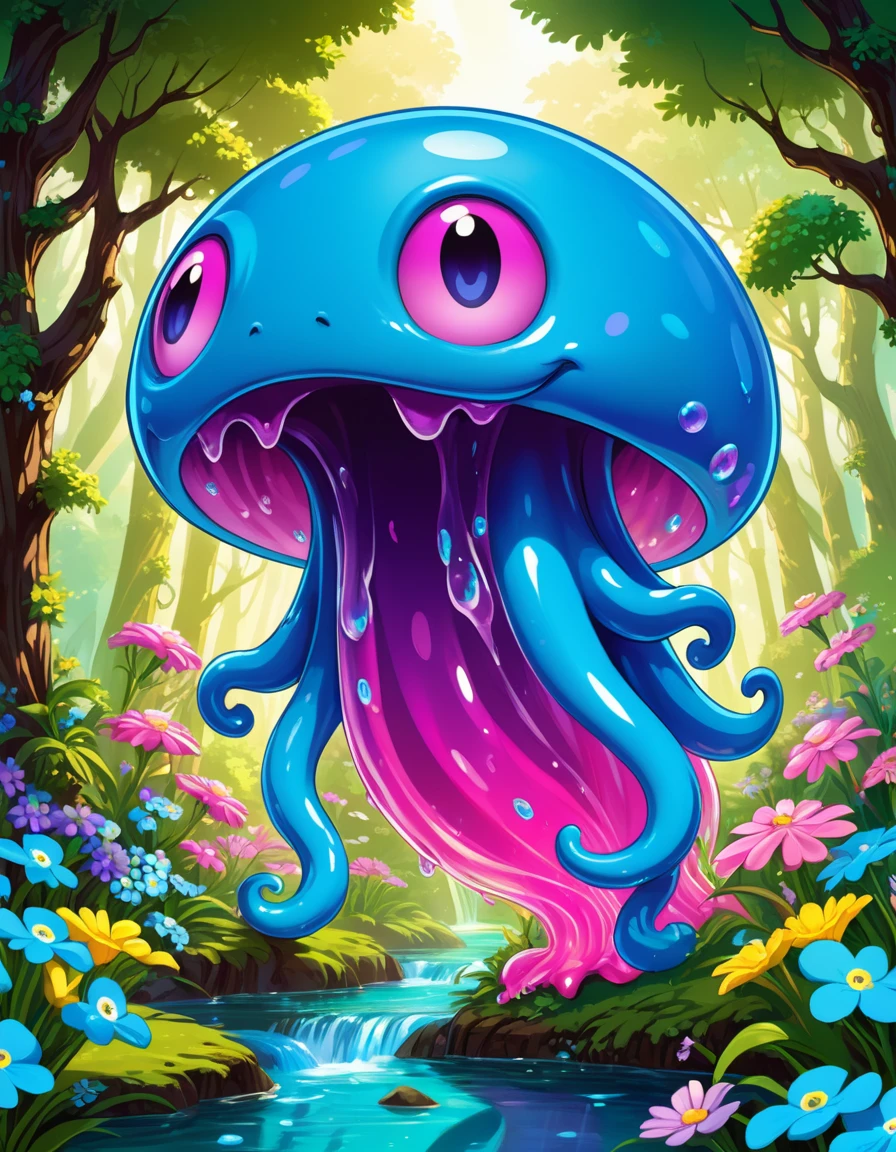 pop Art style concept art of A whimsical sight in this enchanting fantasy world a colossal slime creature, its translucent body glows softly with an irresistible charm that captivates all who behold it, delicate forget-me-not flowers suspended within its stomach, giant slime appears friendly and approachable, ordinary objects take on a delightful twist, style of John Perceval and Victor Moscoso, . bright colors, bold outlines, popular culture themes, ironic or kitsch,