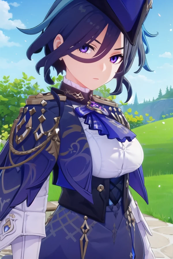 genshinclorinde, <lora:genshin clorinde ingame-lora-nochekaiser:1>,
clorinde, blue hair, (purple eyes:1.1), short hair, streaked hair,
BREAK skirt, gloves, hat, jacket, pantyhose, white gloves, blue headwear, ascot, pauldrons, brooch, corset,
BREAK outdoors,
BREAK looking at viewer, (cowboy shot:1.5),
BREAK <lyco:GoodHands-beta2:1>, (masterpiece:1.2), best quality, high resolution, unity 8k wallpaper, (illustration:0.8), (beautiful detailed eyes:1.6), extremely detailed face, perfect lighting, extremely detailed CG, (perfect hands, perfect anatomy),