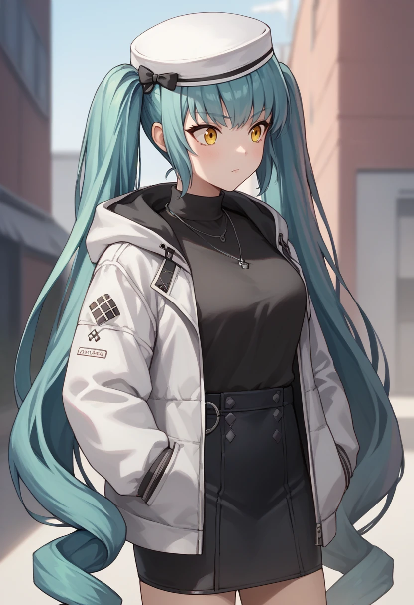 score_9, score_8_up, score_7_up, source_anime BREAK 1girl, solo, <lora:privaty-nikke-richy-v1_pdxl:1> privatycasual, yellow eyes, aqua hair, twintails, very long hair, white headwear, white jacket, black sweater, black skirt