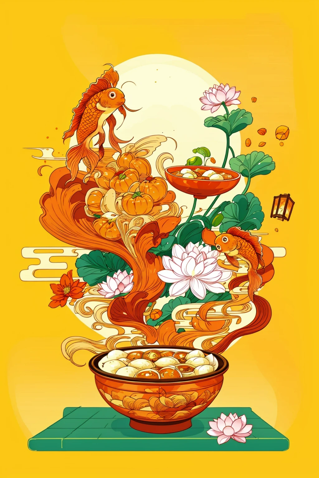 HEZI, Ukiyo-e illustration, national style illustration, rich picture, fish, no humans, egasumi, food focus, food, noodles, bowl, lantern, flower, paper lantern, leaf, cloud, ramen, simple background, goldfish, yellow background, orange background, meat, chopsticks, koi, soup, still life, sun, lotus, surreal, rice, shrimp, steam, egg, orange theme, :3, spring onion, seigaiha, vegetable, seaweed, white flower, animal, dumpling, lily pad, egg \(food\), bamboo, carrot, wagashi, floating, moon, plant, mountain