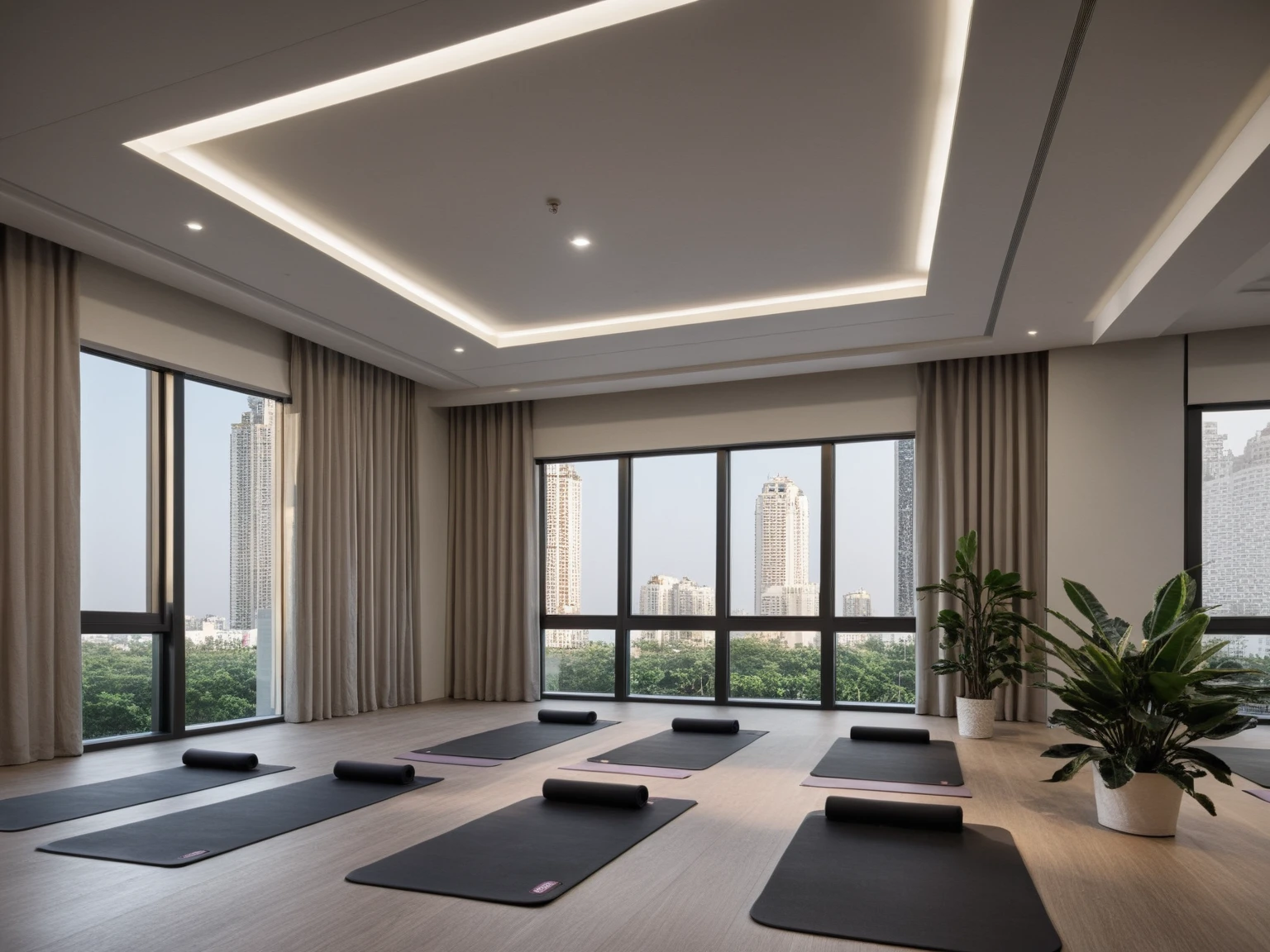 Architectural style <lora:JJsGym_XL:1>, masterpiece , best quality, ((yoga), Masterpiece, high quality, best quality, authentic, super detail ,windows ,curtains, dslr, soft lighting, high quality, ceiling light , plant,no humans, . Clean lines, geometric shapes, minimalist, modern, architectural drawing, highly detailed