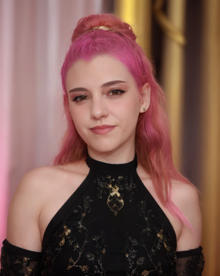 a picture of m4riaB,pink hair, realistic, photorealistic, detailed skin, surface scattering, bokeh, skin pores,<lora:m4riaB:1>,wearing a (golden gala dress:1.3)
