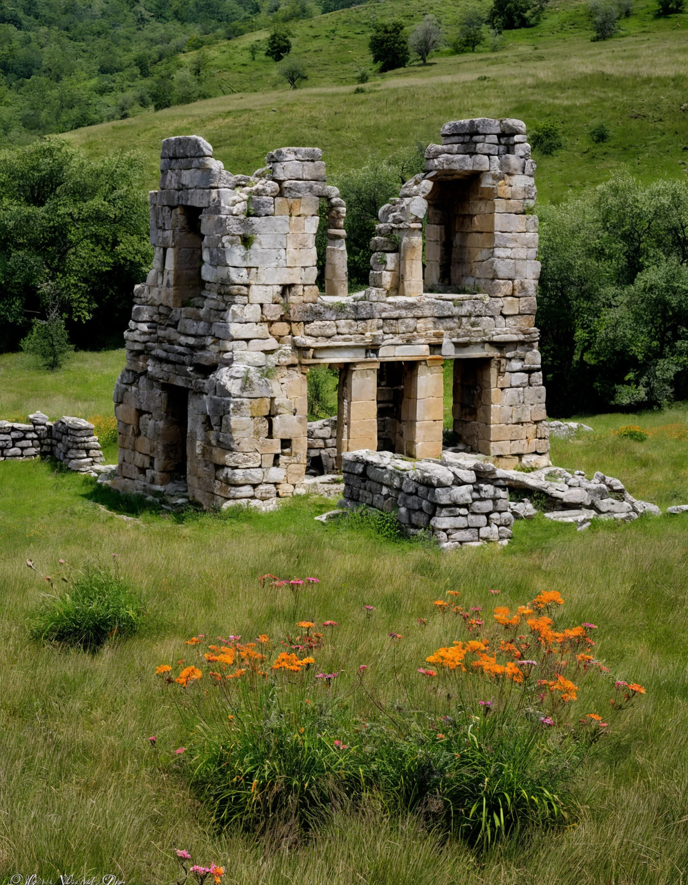 "A stunning digital color photograph captures the breathtaking beauty and haunting mystery of a contemporary ancient ruin. The image showcases intricate details in the weathered stone walls, while the vibrant colors bring the structure to life. The surrounding landscape is lush and green, with wildflowers and tall grasses adding to the natural charm of this remarkable site. This photograph is a stunning testament to the enduring power and timeless appeal of ancient architecture."