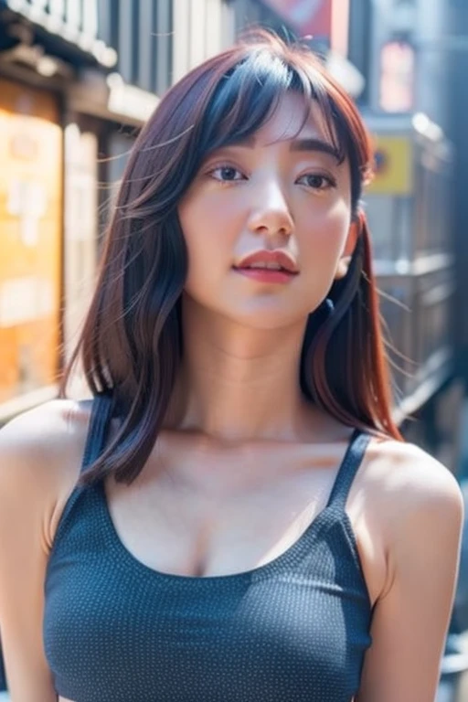 Best quality,masterpiece,ultra high res,(photorealistic:1.4),1girl,(photorealistic:1.4),undone hair,japanese street alley,dynamic pose,face closeup,medium breasts,(cleavage:0.8),<lora:puffkuo:1>,