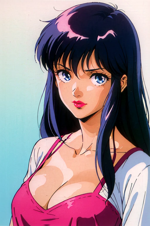 <lora:gunbustyle:0.65> 1girl, black hair, long hair, lipstick, cleavage, looking at viewer, blue eyes