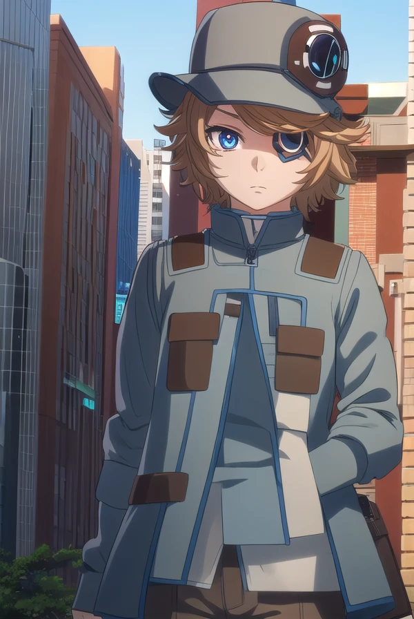 akudamahacker, <lora:akudama hacker s1-lora-nochekaiser:1>,
hacker, blue eyes, brown hair, male focus, (eyepatch:1.5),
BREAK shirt, hat, jacket, pants, brown pants, green jacket,
BREAK outdoors, city,
BREAK looking at viewer, (cowboy shot:1.5),
BREAK <lyco:GoodHands-beta2:1>, (masterpiece:1.2), best quality, high resolution, unity 8k wallpaper, (illustration:0.8), (beautiful detailed eyes:1.6), extremely detailed face, perfect lighting, extremely detailed CG, (perfect hands, perfect anatomy),