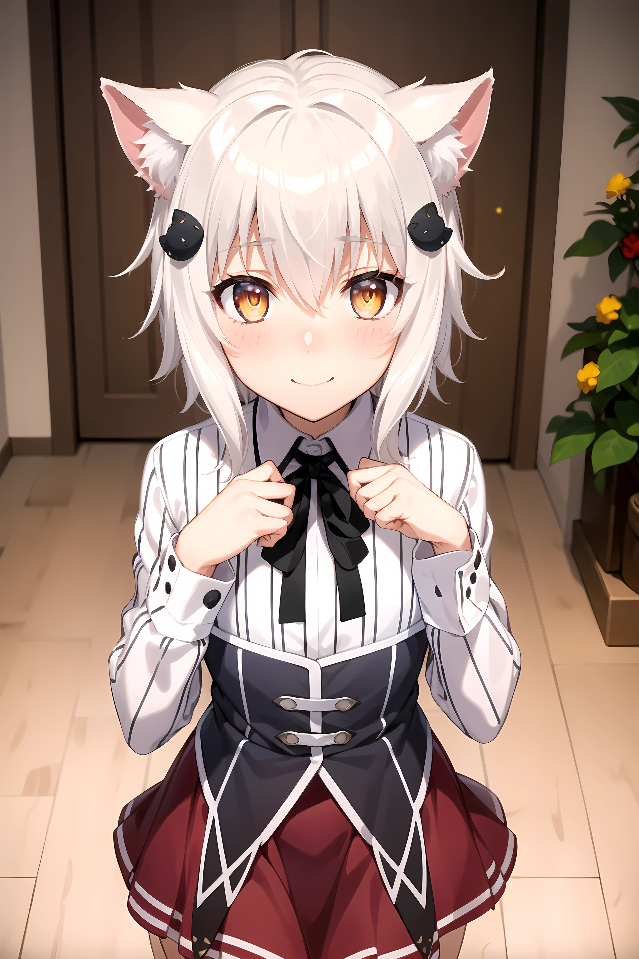 best quality, masterpiece, detailed,
<lora:HighSchoolDxD_ToujoKoneko:0.8>, ToujoKoneko,
1girl, closed mouth, light smile, blush,
white hair, yellow eyes, short hair, cat ears, cat hair ornament,
chool uniform, striped shirt, neck ribbon, long sleeves, black ribbon, black corset, purple skirt,
looking at viewer,
indoors