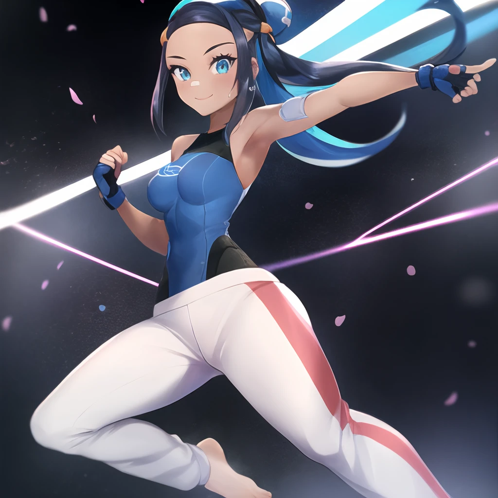 masterpiece, best quality, highly detailed, 1girl, solo, <lora:nessa pokemon by Goofy Ai:0.8> (nessa_pokemon:1.3),
dark-skinned female, dark skin, blue eyes, aqua eyes, long hair, black hair, blue hair, aqua hair, multicolored hair, two-tone hair, hair bun, single hair bun, eyeshadow, seductive smile,
standing, fighting stance, dynamic pose, barefoot, feet, gym,
<lora:maylene_outfit-06:1> (maylene_outfit:1.4), leotard, blue leotard, bodysuit, blue bodysuit, pants, white pants, sweatpants, barefoot, feet, bandaid, bandaid on face, blue gloves, fingerless gloves