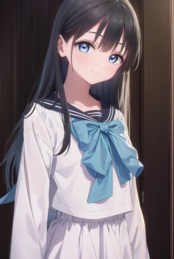 komichiakebi, <lora:komichi akebi s1-lora-nochekaiser:1>,
komichi akebi, long hair, bangs, blue eyes, black hair, smile,
BREAK shirt, long sleeves, bow, school uniform, white shirt, serafuku, sailor collar, neckerchief, blue bow, black sailor collar, blue neckerchief,
BREAK indoors, classroom,
BREAK looking at viewer, (cowboy shot:1.5),
BREAK <lyco:GoodHands-beta2:1>, (masterpiece:1.2), best quality, high resolution, unity 8k wallpaper, (illustration:0.8), (beautiful detailed eyes:1.6), extremely detailed face, perfect lighting, extremely detailed CG, (perfect hands, perfect anatomy),