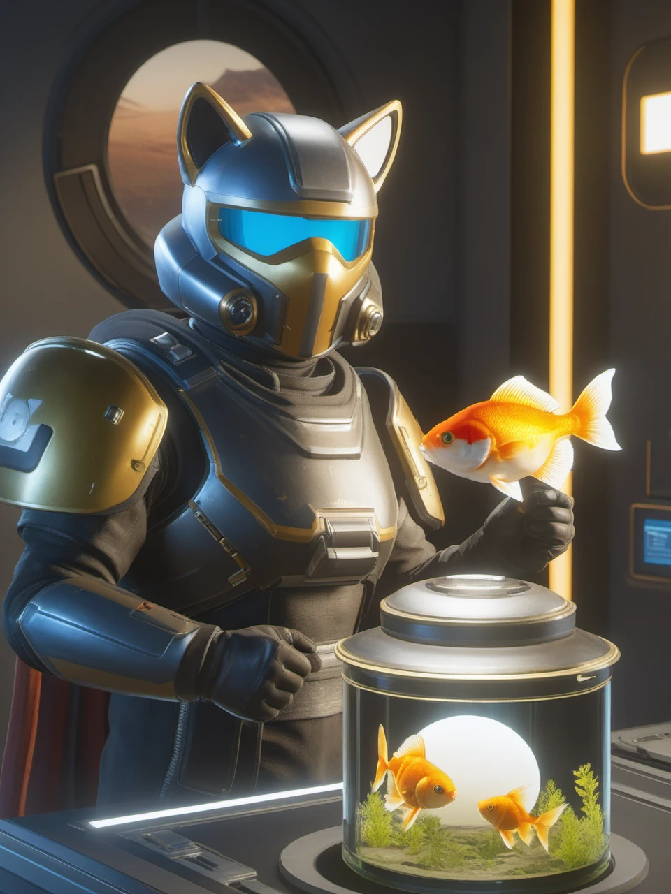 helldivers, A cat-head warrior, holding a folder, with a goldfish bowl next to it, virtual electronic arts, unreal engine, ultra-clear stereo <lora:helldivers:0.5>