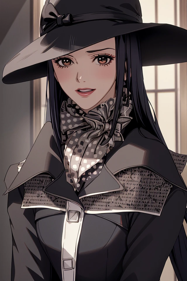 Yukari_Hayasaka, 1girl, (masterpice:1.3), highres, high-detailed, high quality, (perfect face and eyes), detailed face, dynamic light, black hair, long hair, baby bangs, blunt bangs, makeup, eyelashes, tall, skinny, fashion, model, fashion model, (black trench coat:1.2), (black ribbon hat:1.2), neckerchief,