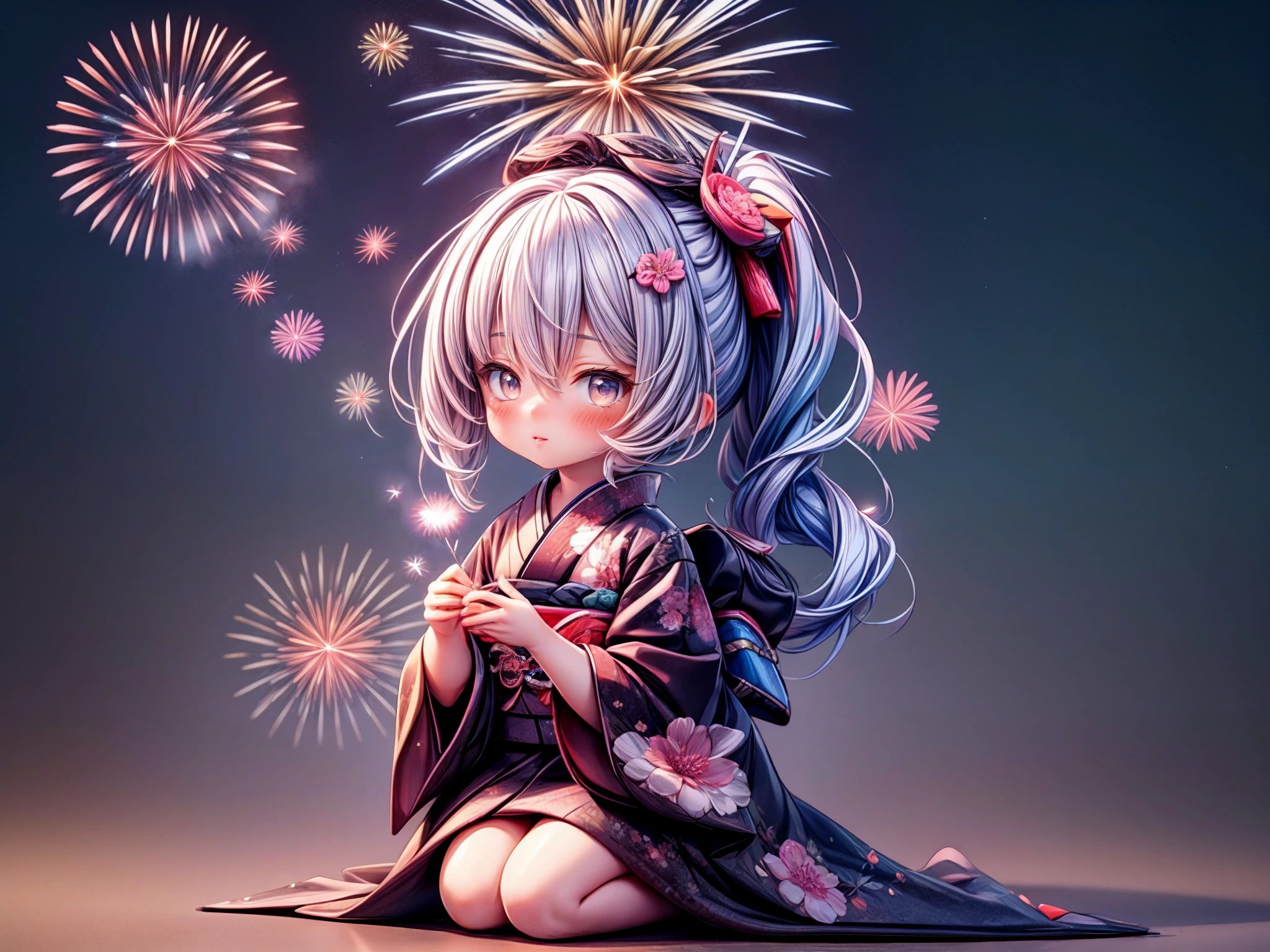 ((petite cute girls)), ((cute face)), ((puffy eyes)), ((masterpiece)), ((best quality)), ((ultra detailed)), ((exquisite)), ((depth)), ((crisp)), ((8k)), ((beautiful and aesthetic)), ((super detailed skin)), ((high standard)), ((highres)), (perfect anatomy), (blush), (lipstick), (full body), (nostalgic scenery), (sandy beach, night), (emotional), (yukata), (japanese sparklers), (squat)