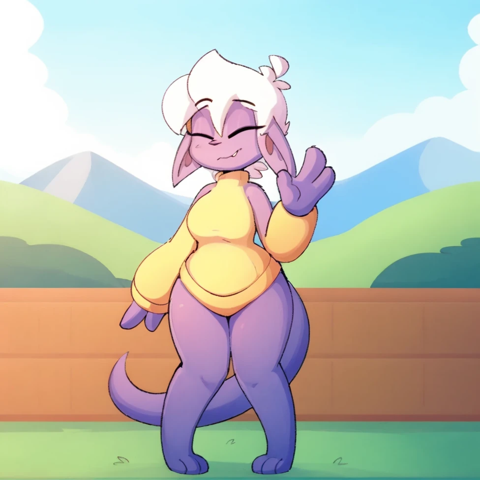 (solo, 1girl, cowboy shot), forest, poppy, poppy_lol, 1girl, (blue skin:1.4), yordle, (purple eyes:1.2), small legs, (thick arms:1.2), small body, big head, abs, wide body, wide hips, big thighs, (shortstack:1.2), breasts, blonde hair, ponytails, furry, fluffy ears, blonde hair, red scarf, completely nude, smiling, vagina, full body, standing, wide stance