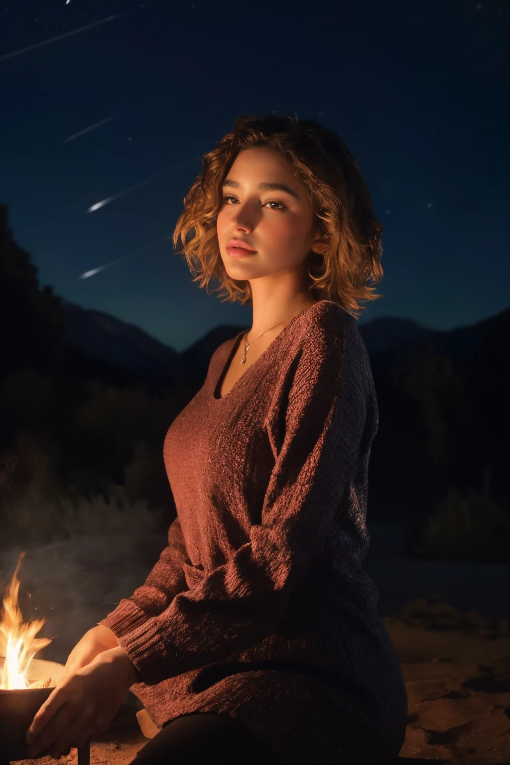 4k, 8k, ultra highres, raw photo in hdr, sharp focus, intricate texture, skin imperfections, realistic, detailed facial features, highly detailed face, posing,perfect lighting,detailed background,short hair,wavy hair,night,stars,night sky,campfire,tent,standing,<lora:SabZada1:0.7> SabZada1