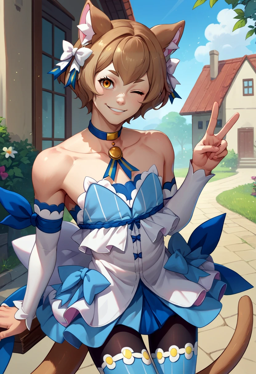 score_9, score_8_up, score_7_up, source_anime, solo, male focus, 1boy, felix argyle, otoko no ko, smile, looking at viewer, v, hair bow, one eye closed, dress, striped, ribbon, detached sleeves, pantyhose, blue choker, tail, collarbone, bare shoulders, outdoors <lora:rezero_felixargyle_ponyXL:1>