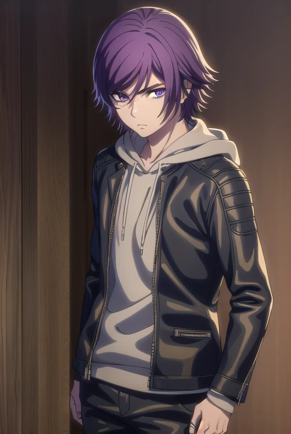 akudamacourier, <lora:akudama courier s1-lora-nochekaiser:1>,
courier, short hair, bangs, purple hair, male focus, (purple eyes:1.1),
BREAK jacket, open clothes, pants, hood, open jacket, black jacket, hoodie, black pants, hood down,
BREAK outdoors, city,
BREAK looking at viewer, (cowboy shot:1.5),
BREAK <lyco:GoodHands-beta2:1>, (masterpiece:1.2), best quality, high resolution, unity 8k wallpaper, (illustration:0.8), (beautiful detailed eyes:1.6), extremely detailed face, perfect lighting, extremely detailed CG, (perfect hands, perfect anatomy),