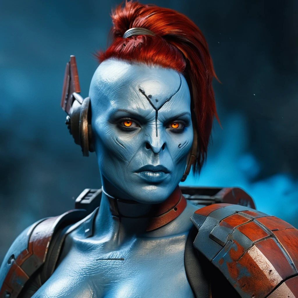 Masterpiece, warhammer 40k, high quality digital painting, closeup of a beautiful T'au female fire warrior, (blue skin), red hair, undercut, broken battlesuit, exposed breasts, small breasts, 
looking at the viewer, dramatic, unreal engine 5, vivid colors, complex background, [frost], grimdark, nsfw, sci-fi, epic, extremely detailed, 
<lora:Tau:1>