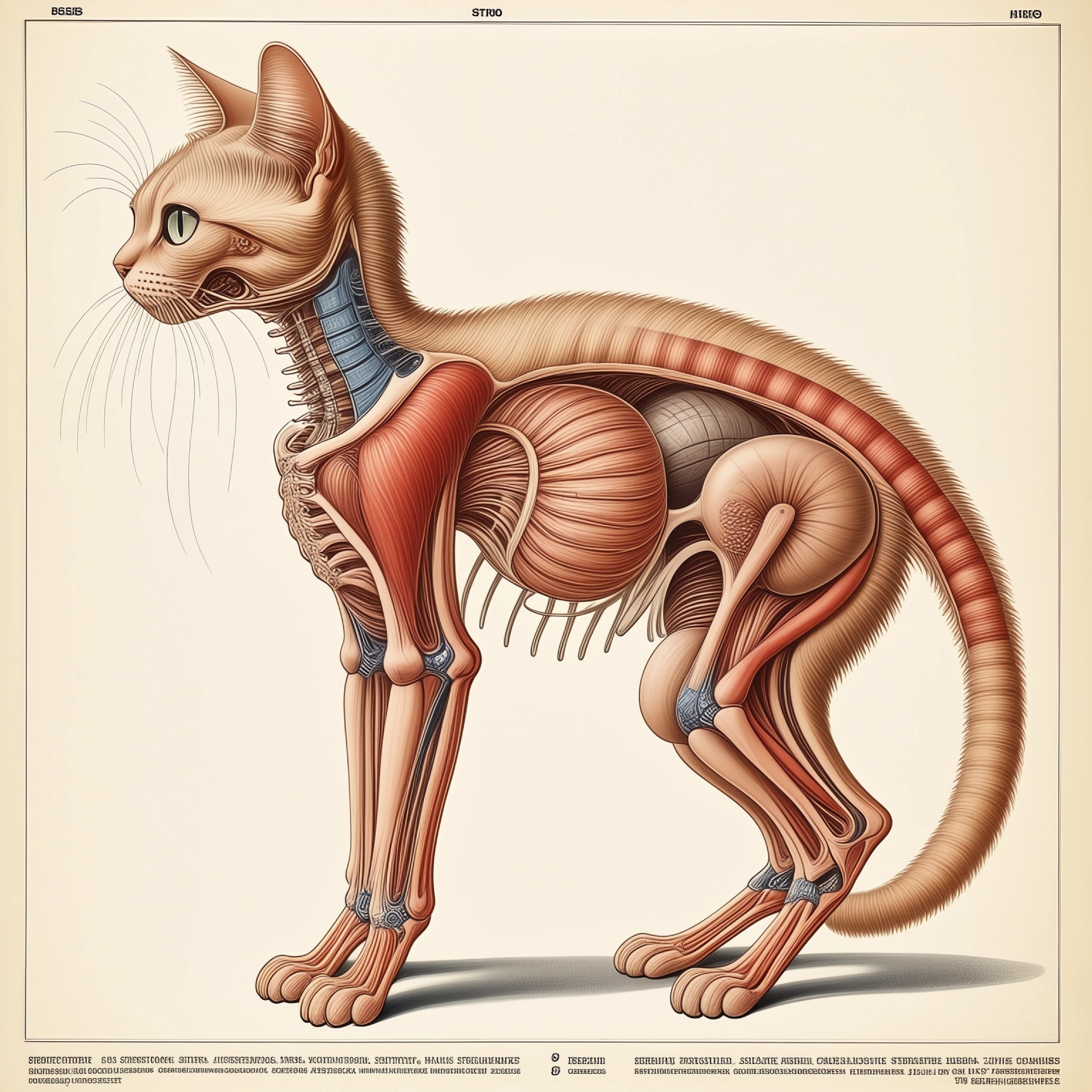 anatomical, This is an anatomical illustration of a cat, presented in a style that suggests a combination of educational and artistic intent. The image showcases the side view of a feline, with layers of its musculature, skeletal structure, and internal organs exposed in a detailed and diagrammatic manner. The muscles appear in various shades of red and brown, the bones in beige and cream, and the internal organs in hues similar to their natural coloration. The cat's fur is rendered in a minimal way, mostly shown on the head and tail, with whiskers protruding from the face. Labels and text observations are present throughout the image, likely providing scientific information about the anatomy displayed. The text includes both Latin (or a Western language using the Latin alphabet) and East Asian characters, suggesting that the material is designed for a multilingual audience, possibly for educational or veterinary purposes. 