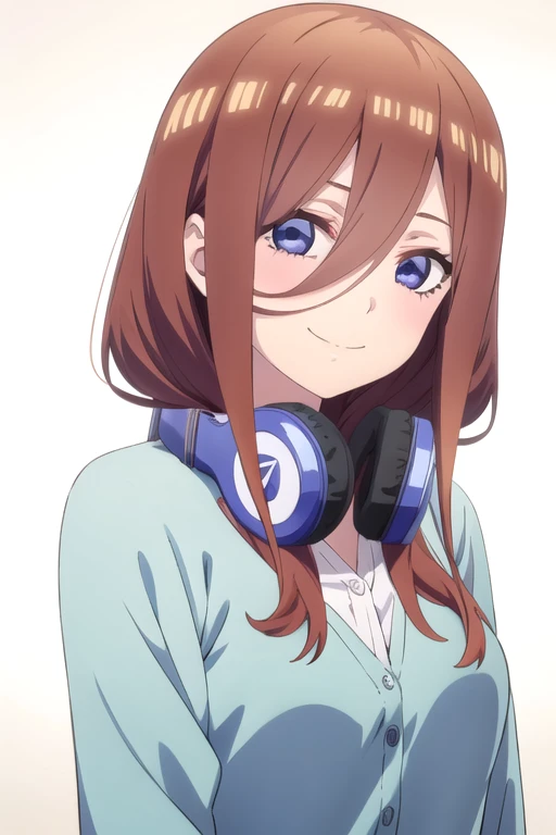 solo, 1girl, looking at viewer, 2D, anime, anime coloring, upper body, (solid white background:1.3), <lora:miku-5toubun:0.8>, miku nakano, cardigan, headphones around neck, looking at viewer, smile