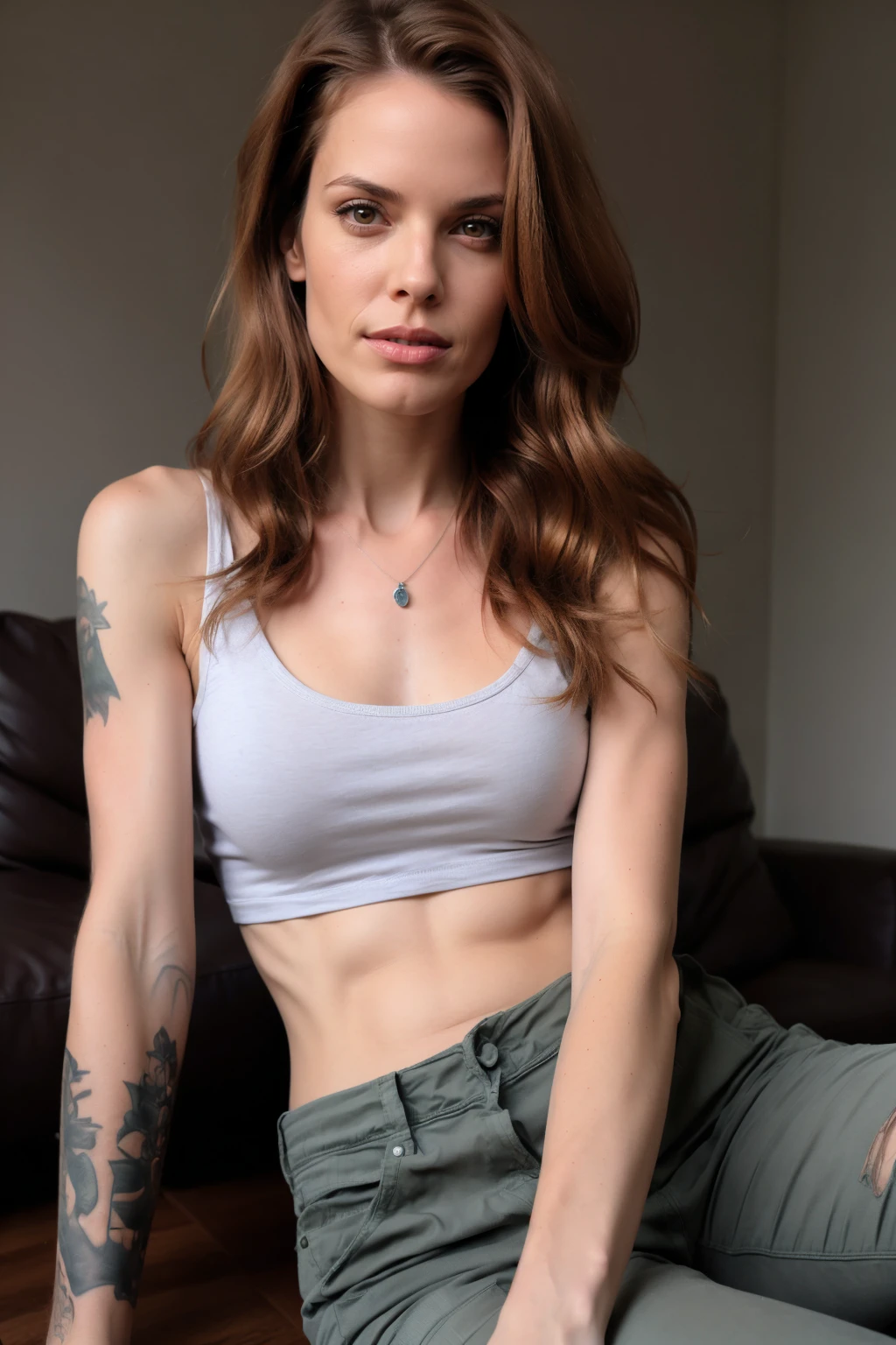 1girl, bare shoulders, blurry, breasts, brown hair, jeans, lips, long hair, looking at viewer, midriff, mjred1, necklace, pants, realistic, ring, sitting, solo, tank top, tattoo, woman <lora:MJ_RED_1_SD15_V1:0.75> mjred1