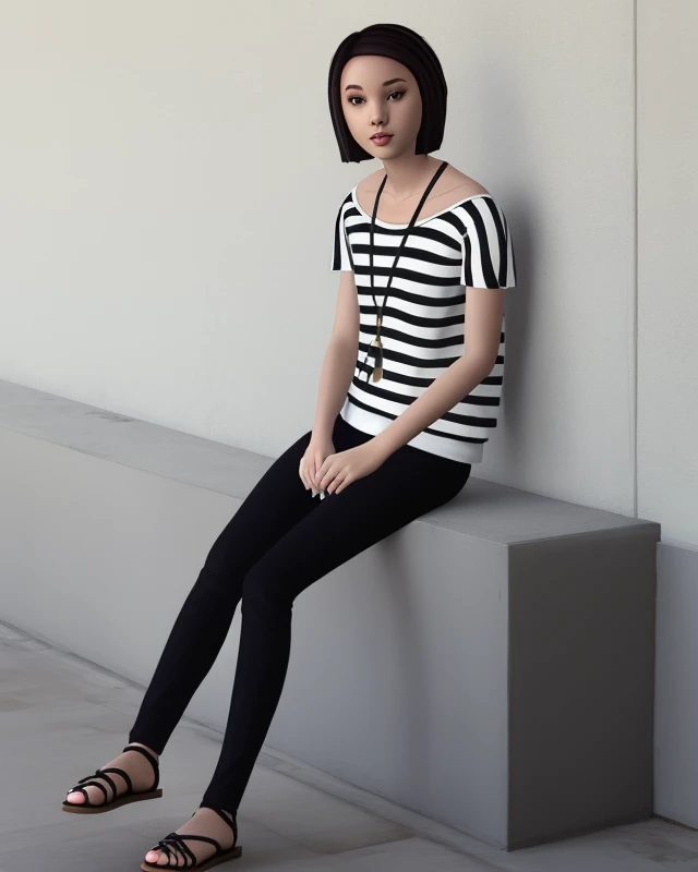 1girl, short hair, striped shirt, sandals, black pants,   <lora:CouWagner_v2-10:0.7>