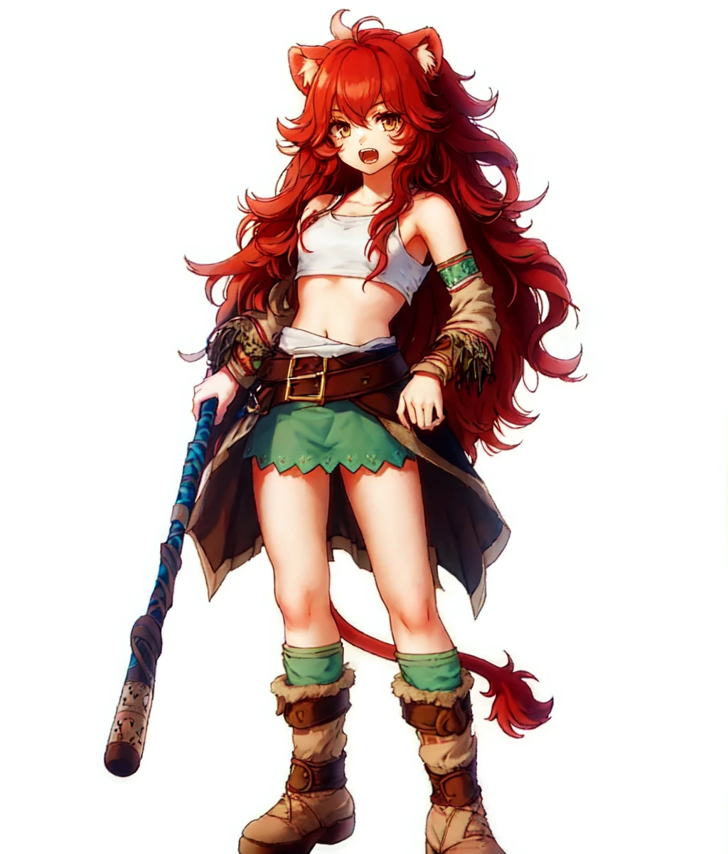 masterpiece, white background, simple background , standing, full body, 1girl, solo, looking at viewer, red hair, long hair, curly hair, messy hair, barbarian, lion ears, lion tail, open mouth, wood club <lora:Females Suiko:1>