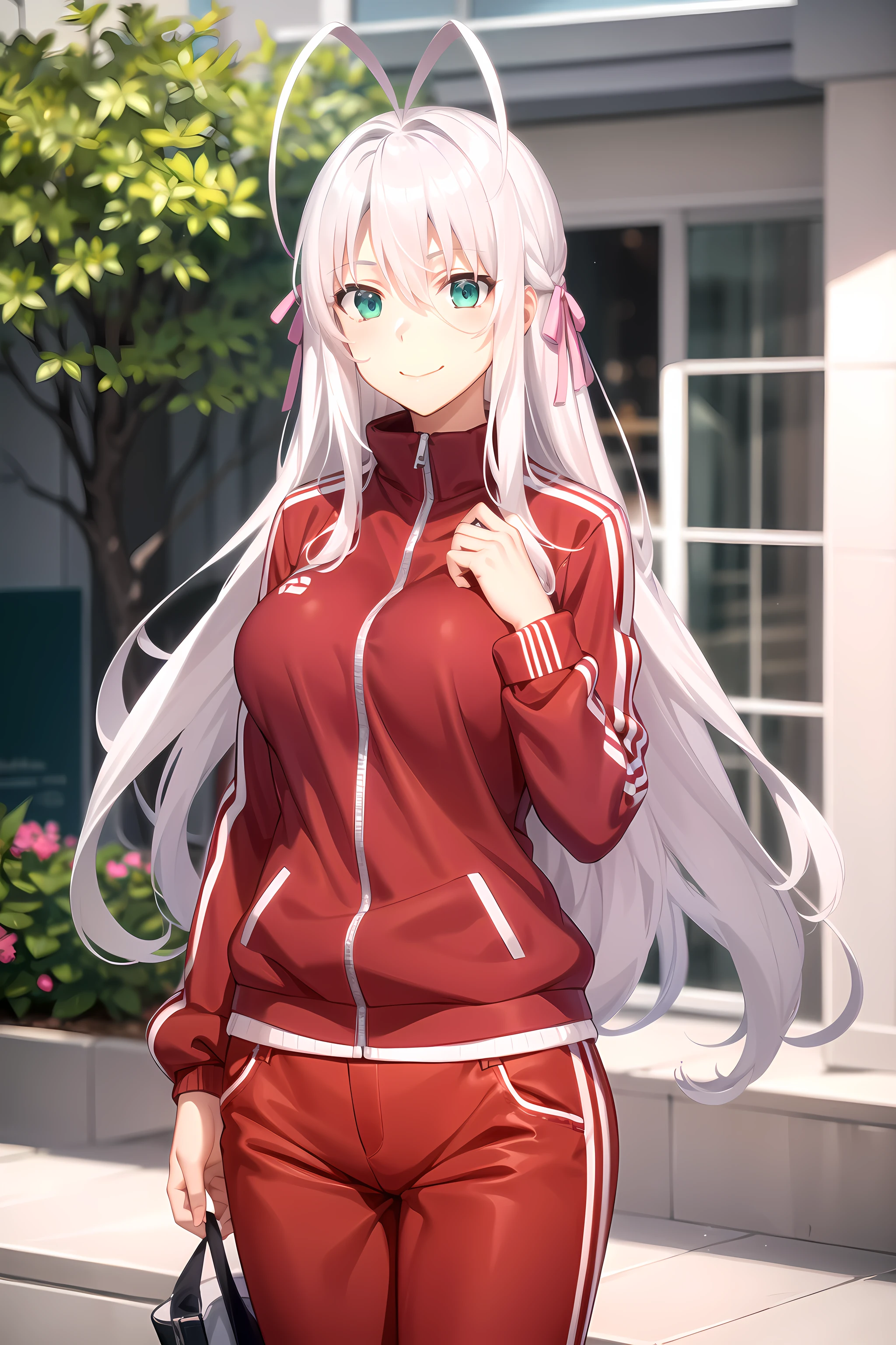 best quality, masterpiece, detailed,
<lora:HighSchoolDxD_Rossweisse:0.9>, Rossweisse,
1girl, closed mouth, light smile,
grey hair, aqua eyes, antenna hair, long hair, hair ribbon,
track jacket, red pants, red jacket, large breasts,
looking at viewer,
outdoors