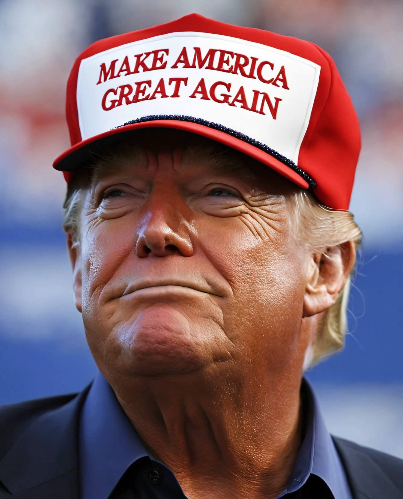 man wearing red maga hat. upper body. home at background. donald trump. professional. photo. high quality. highres.([:hat with text "make america great again":0.25]:1.1). <lora:maga_hat_optimized:0.95>