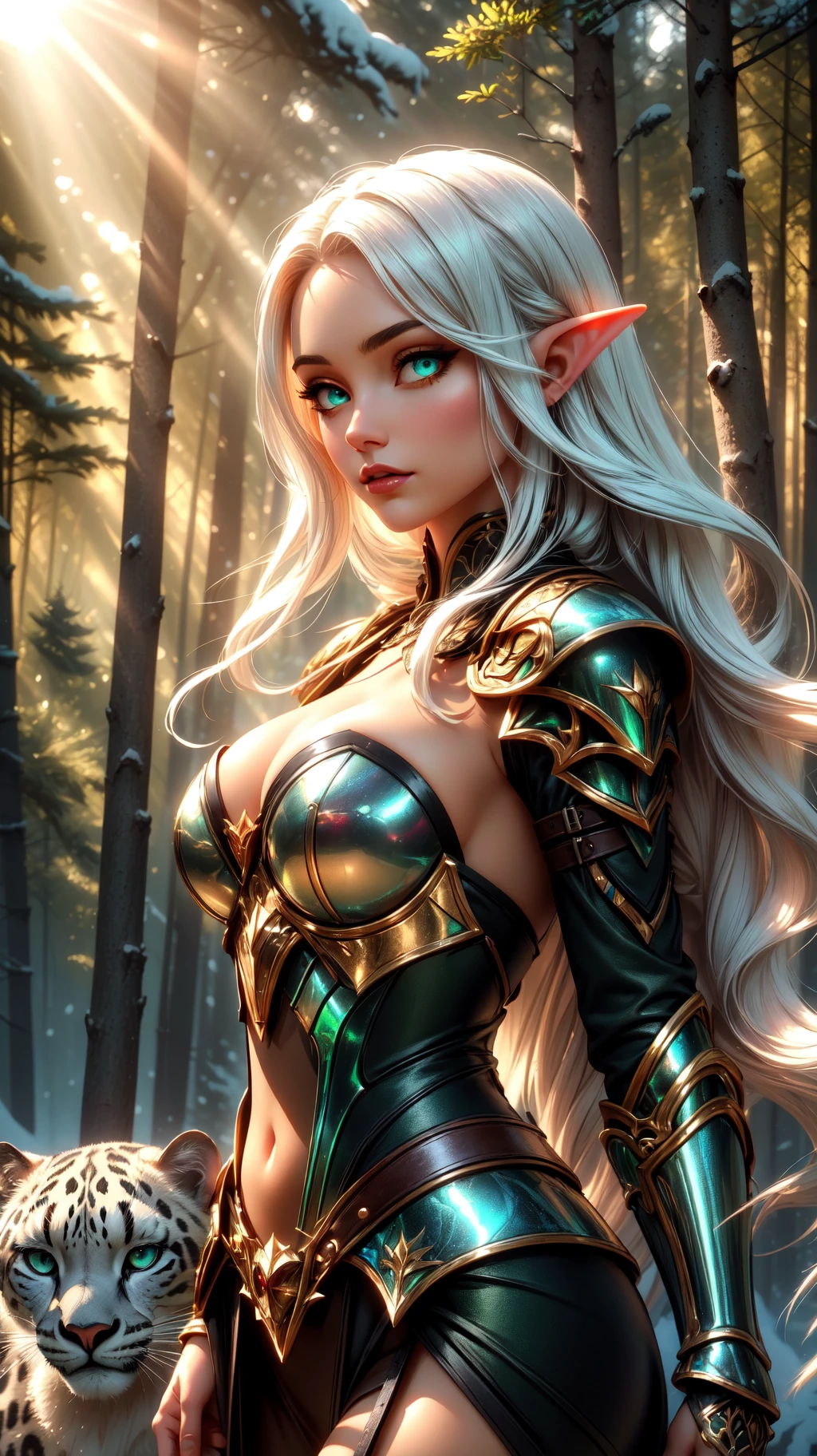 A beautiful and mysterious elven huntress girl with long white hair hunts beside a snow leopard companion, fantasy, leather and metal fantasy armor,  (green summer colorful pine forest:1.2), together, perfect eyes, uhd, high contrast, deep shadows, (intricate details:1.2), 8k, 32k, bright and vivid colors, (intense sun light: 1.3), award winning masterpiece, extremely detailed, cinematic,