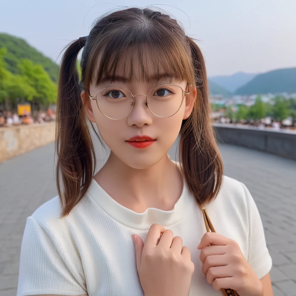 (best quality:1.4), (ultra highres:1.2), (photorealistic:1.4), (8k, RAW photo:1.2),(portrait shot:1.3), pinomyim, 1girl, solo, looking at viewer, bangs, brown hair, upper body, outdoors, blurry background, realistic, glasses, round eyewear, ponytail, realistic, long hair, Perfect Hands,   <lora:pomay:0.75>