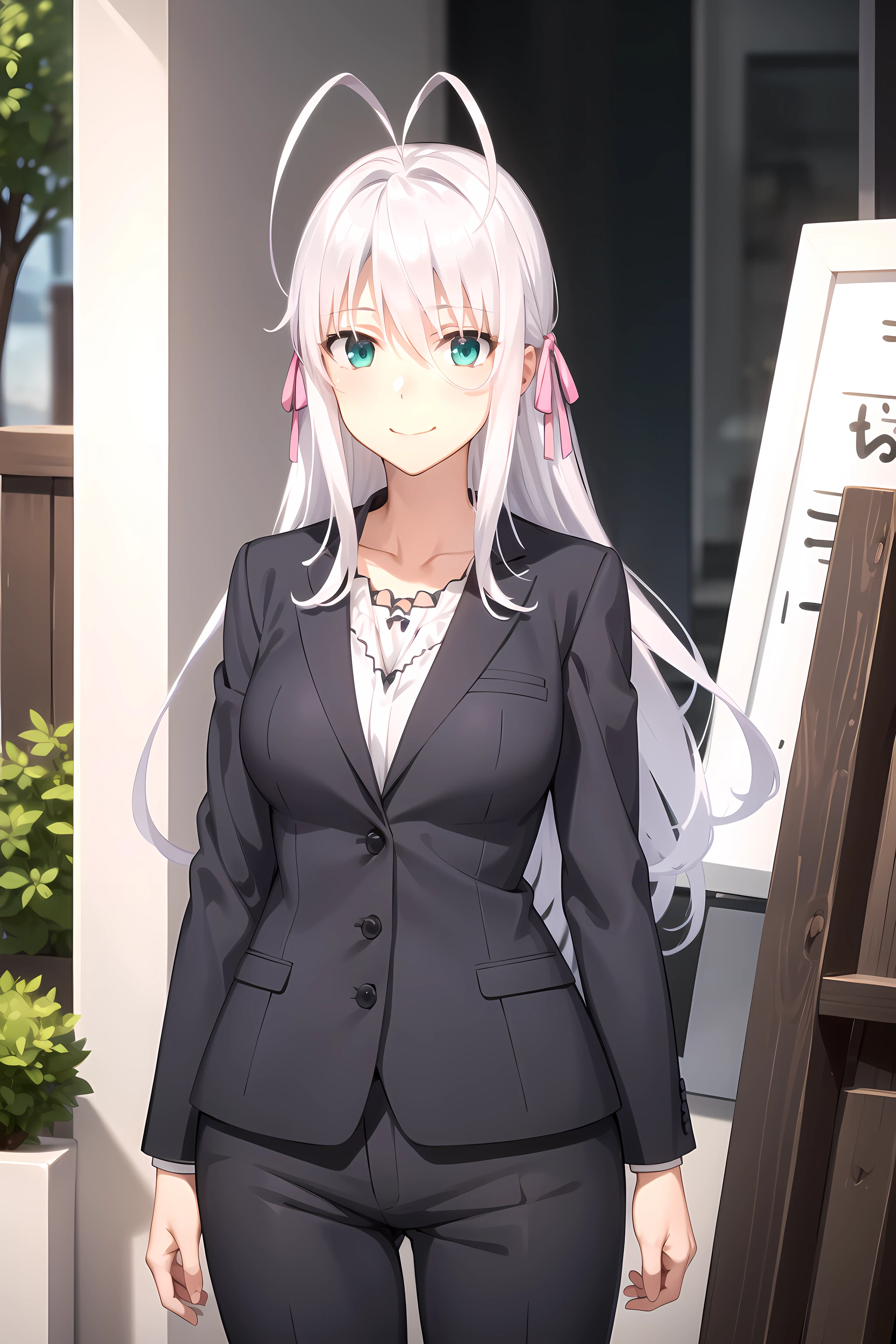 best quality, masterpiece, detailed,
<lora:HighSchoolDxD_Rossweisse:0.9>, Rossweisse,
1girl, closed mouth, light smile,
grey hair, aqua eyes, antenna hair, long hair, hair ribbon,
black suit, formal, pants,
looking at viewer,
outdoors