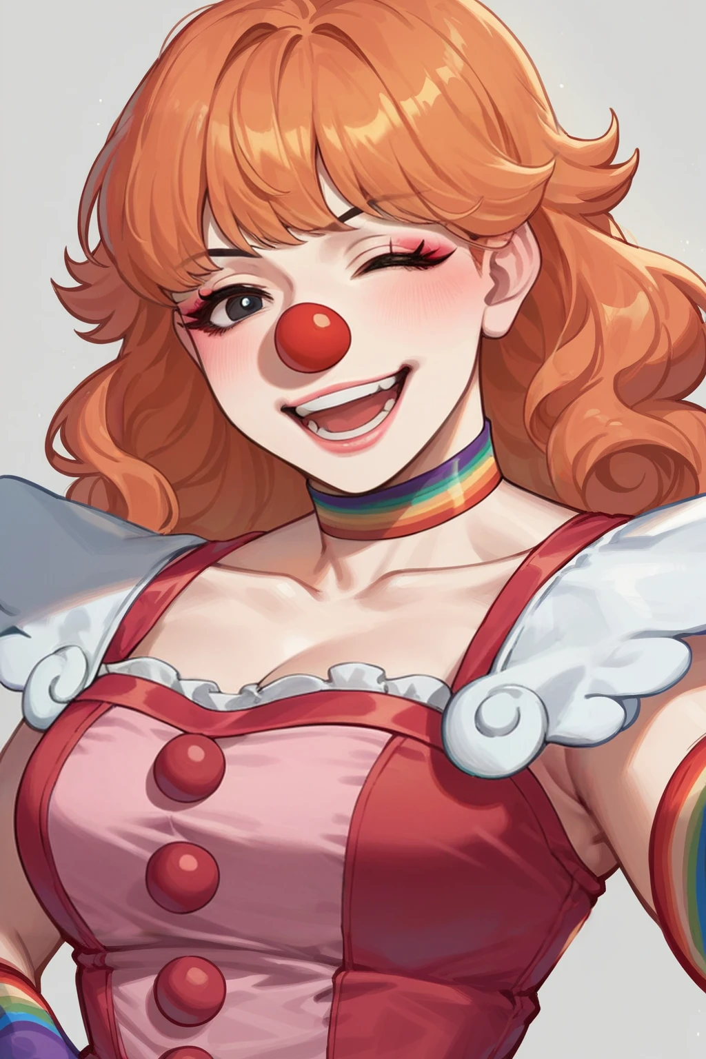 absurdres,high quality,score_9, score_8_up, score_7_up, score_6_up, score_5_up, score_4_up, BREAK source_anime, wearing edgClussy, red clown nose clothing aside,japanese pink haired clown makeup,clown suit,clown custom,pale skin,white_skin,clown color skin, (sticking out her tongue out),((TOROGAO)), (tongue), ultra high res, photorealistic, best quality, 8k resolution, masterpiece, ((close up face view)), (TOROGAO), kneeling, oh face, Open your mouth wide, Stick out your tongue to receive, One hand in your mouth,horny, lascivious eyes, Ecstasy, (cum on your face), Face up, Shoot from above, (cum dripping from your mouth), Tongue sticking out, (cum accumulation on the tongue), cum facial,cum on her face,ecstatic look, a large amount of  in the mouth,  on the chest, delicate fingertips, complicated fingertips, nsfw, eyes roll back, eyes up