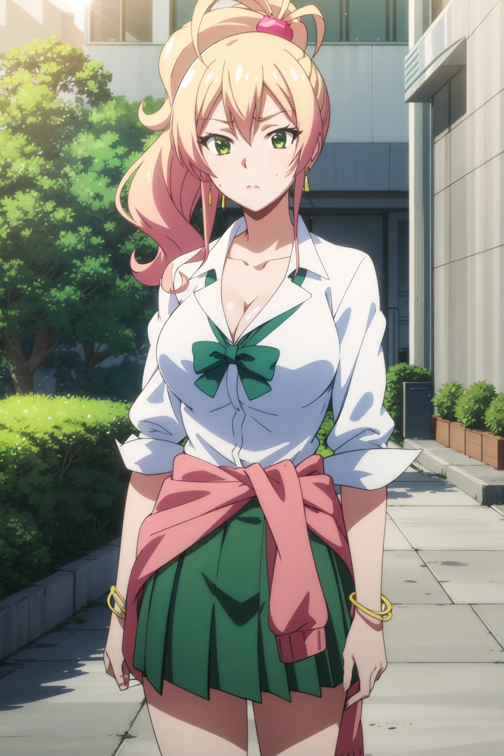 Mount Karatsu, Hachime Yukana, long hair, bangs, blonde hair, hair between the eyes, (green eyes:1.5), ponytails, multicolored hair, scrunchie, high ponytail, lipstick, Gyaru, Kogal, makeup, BREAK skirt, shirt, jewelry, school uniform, collarbone, white shirt, pleated skirt, collared shirt, miniskirt, bracelet, green skirt, REST looking at the viewer, full length, REST indoors, in the classroom, BROKE (Masterpiece: 1.2), Best Quality, High Resolution, Unity 8K Wallpaper, (artwork: 0.8), (Beautiful Detailed Eyes: 1.6), Extremely Detailed Face, Perfect Lighting, Extremely Detailed CG, (Perfect Hands , Perfect Anatomy), no underpants, vacuum exposure, masturbation, no underpants, revelation, exposed vaginal opening, valgus vaginal opening, scratches, masturbation, masturbation, incontinence, milk, vaginal opening exposure, vaginal opening, exposed, ( nudity 1.5), vaginal opening, vaginal opening, voluptuous breasts, wide hips, wide thighs, round butt