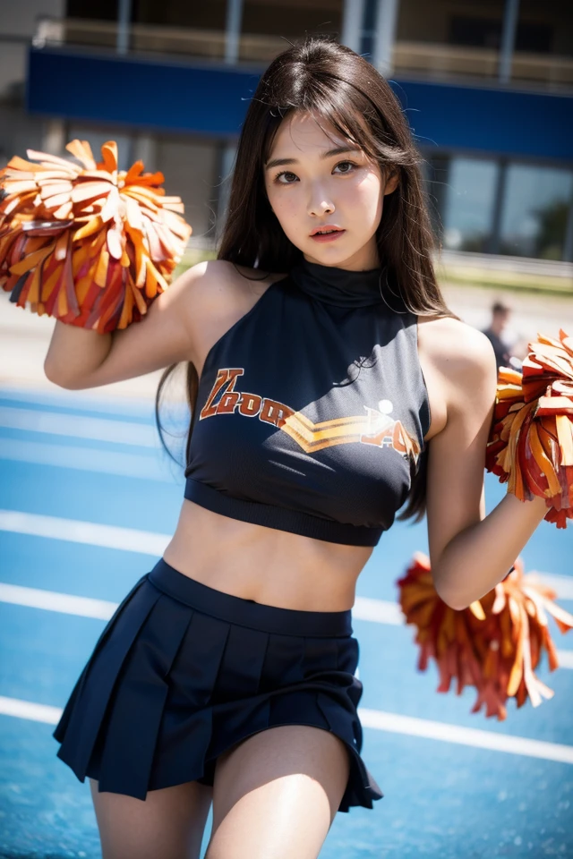 Slender Asian girl, kpop idol, ((CHEERLEADER)), ((top quality, 8k, masterpiece: 1.3)), crisp focus: 1.2, beautiful woman with perfect figure: 1.4, highly detailed face and skin texture, detailed eyes, ((skinny)), beautiful face, symmetrical face, full-length, sexy, almost naked