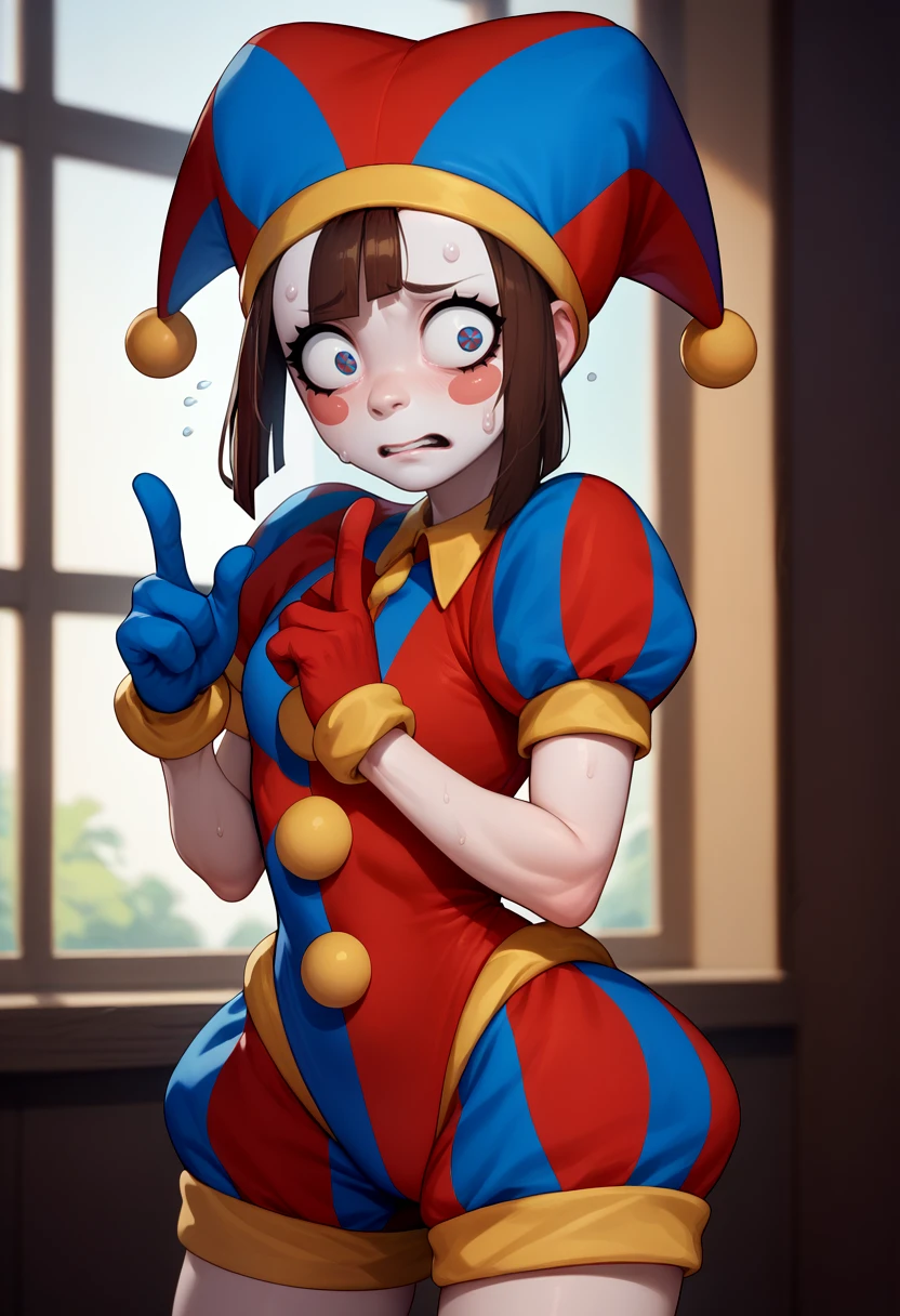 score_9, score_8_up, score_7_up, solo, 1girl, pomni, colored skin, blush stickers, sweat, nervous, index fingers together, jester cap, striped clothes, puffy short sleeves, mismatched gloves, puffy shorts, indoors <lora:digitalcircus_pomni_ponyXL:1>