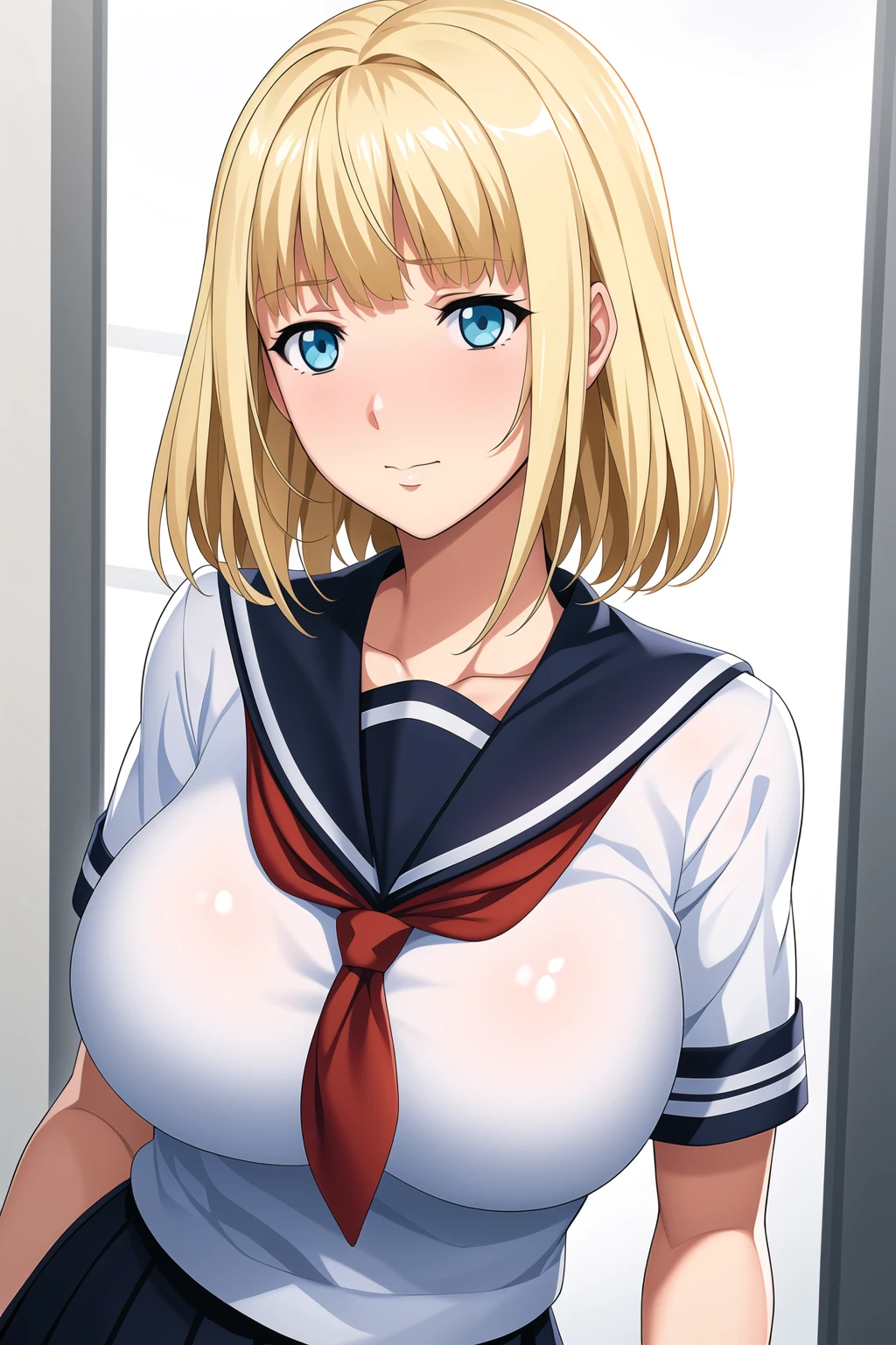 (best quality:1.5, highres, UHD, 4K, detailed lighting, shaders, HDR, hand depiction, anime style), blonde ponytail, large breasts, gyaru, gal, sailor uniform, smirk, sexy, erotic, sitting on table, pov, close shot, classroom background