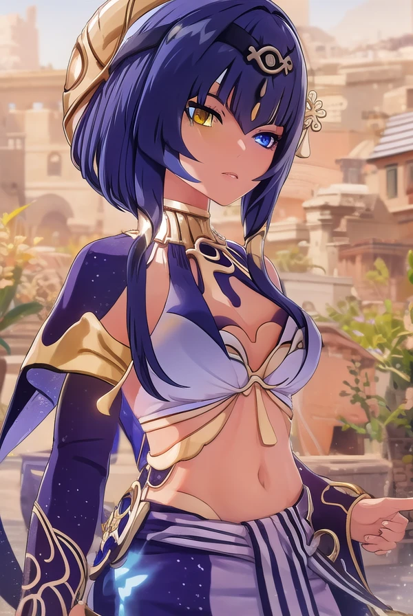 genshincandace, <lora:genshin candace ingame-lora-nochekaiser:1>,
candace, bangs, blue eyes, hair ornament, blue hair, (yellow eyes:1.3), sidelocks, dark skin, dark-skinned female, (heterochromia:1.5), short hair with long locks, eye of horus,
BREAK navel, jewelry, detached sleeves, nail polish, egyptian clothes,
BREAK outdoors,
BREAK looking at viewer, (cowboy shot:1.5),
BREAK <lyco:GoodHands-beta2:1>, (masterpiece:1.2), best quality, high resolution, unity 8k wallpaper, (illustration:0.8), (beautiful detailed eyes:1.6), extremely detailed face, perfect lighting, extremely detailed CG, (perfect hands, perfect anatomy),