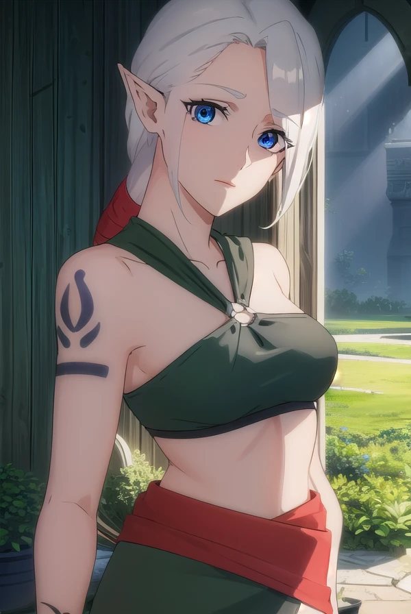 dotaadara, <lora:dota adara-lora-nochekaiser:1>,
adara, ponytail, grey hair, pointy ears, elf, blue eyes,
BREAK bare shoulders, midriff, pants, sash, tattoo, toeless legwear,
BREAK outdoors,
BREAK looking at viewer, (cowboy shot:1.5),
BREAK <lyco:GoodHands-beta2:1>, (masterpiece:1.2), best quality, high resolution, unity 8k wallpaper, (illustration:0.8), (beautiful detailed eyes:1.6), extremely detailed face, perfect lighting, extremely detailed CG, (perfect hands, perfect anatomy),
