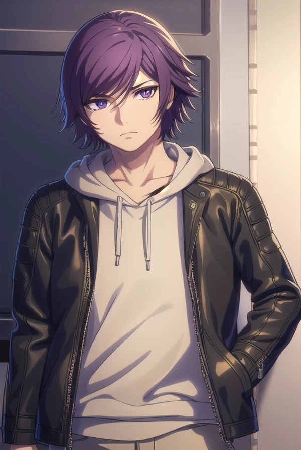 akudamacourier, <lora:akudama courier s1-lora-nochekaiser:1>,
courier, short hair, bangs, purple hair, male focus, (purple eyes:1.1),
BREAK jacket, open clothes, pants, hood, open jacket, black jacket, hoodie, black pants, hood down,
BREAK outdoors, city,
BREAK looking at viewer, (cowboy shot:1.5),
BREAK <lyco:GoodHands-beta2:1>, (masterpiece:1.2), best quality, high resolution, unity 8k wallpaper, (illustration:0.8), (beautiful detailed eyes:1.6), extremely detailed face, perfect lighting, extremely detailed CG, (perfect hands, perfect anatomy),