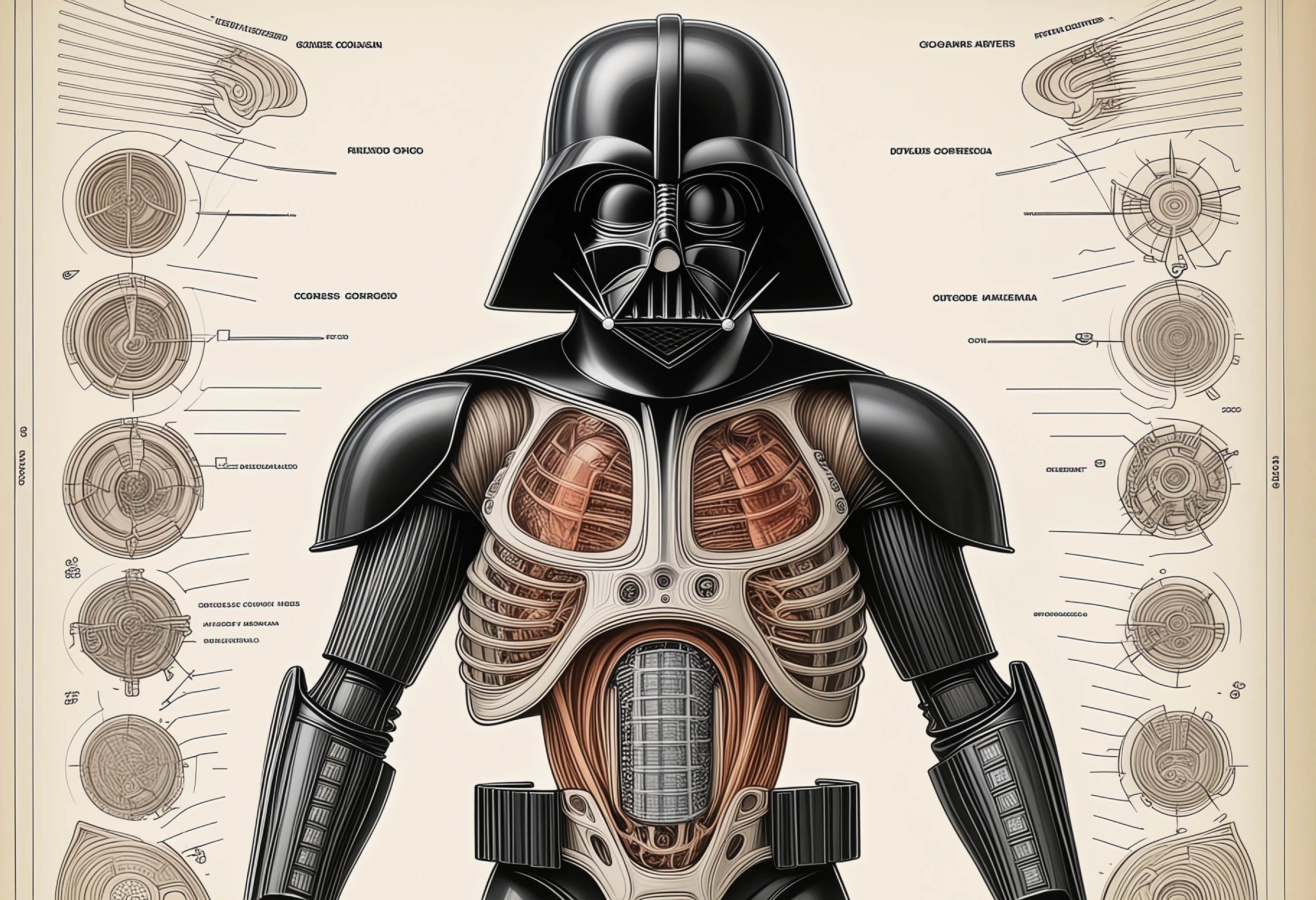 anatomical, This is an artistic representation combining elements of an anatomical chart with a science fiction character's armor. The upper part of the figure shows a helmet similar to that worn by Darth Vader from the Star Wars franchise. Below the helmet, instead of normal human anatomy, there are mechanical and structural components that resemble a human's ribcage, muscles, and internal organs but are stylistically mechanical and futuristic. The background is a plain, beige surface with black and white concentric line patterns on the top half, designed to frame the figure's head. Text blocks on the left and right sides appear to provide details or explanations, likely about the character or the artwork, but the content is not discernible from this view. 