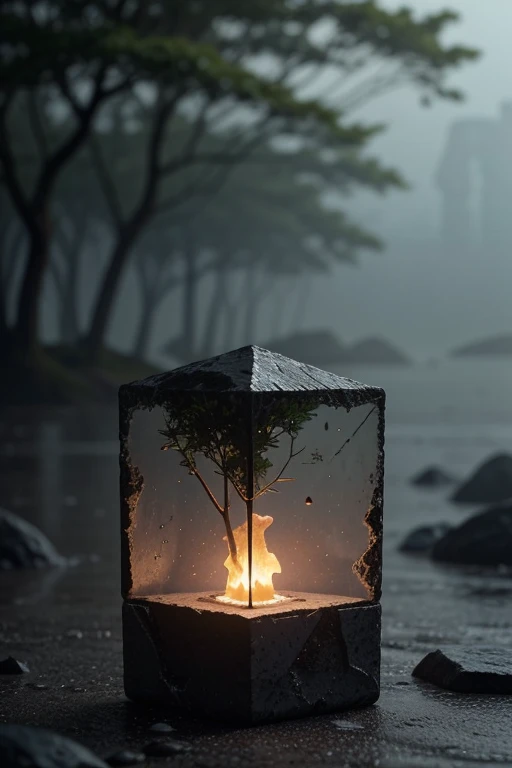 extremely detailed render, rough cube, floating, glowing elements, perfect environment, nature, oil paint by Greg Rutkowski