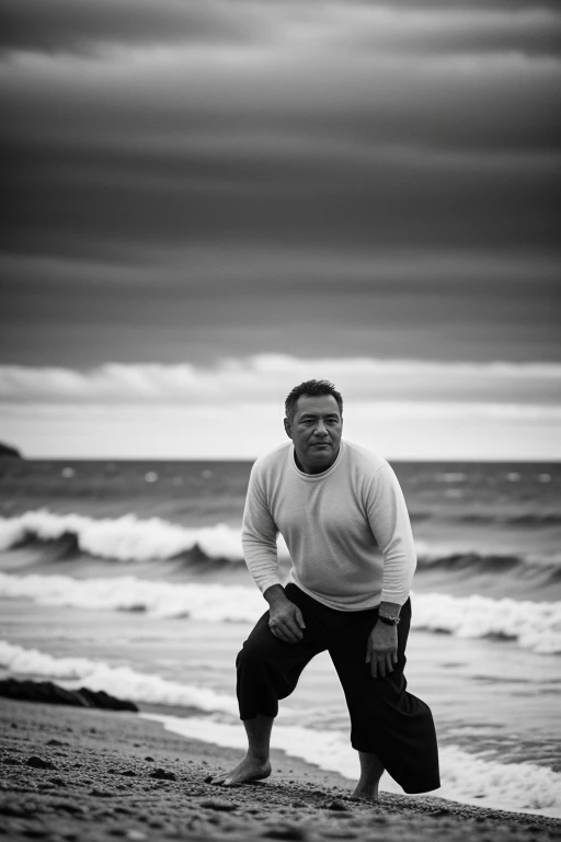 b&w portrait photo of 54 y.o man, coastline, overcast weather, wind, waves, soft lighting, high quality, film grain, Fujifilm XT3