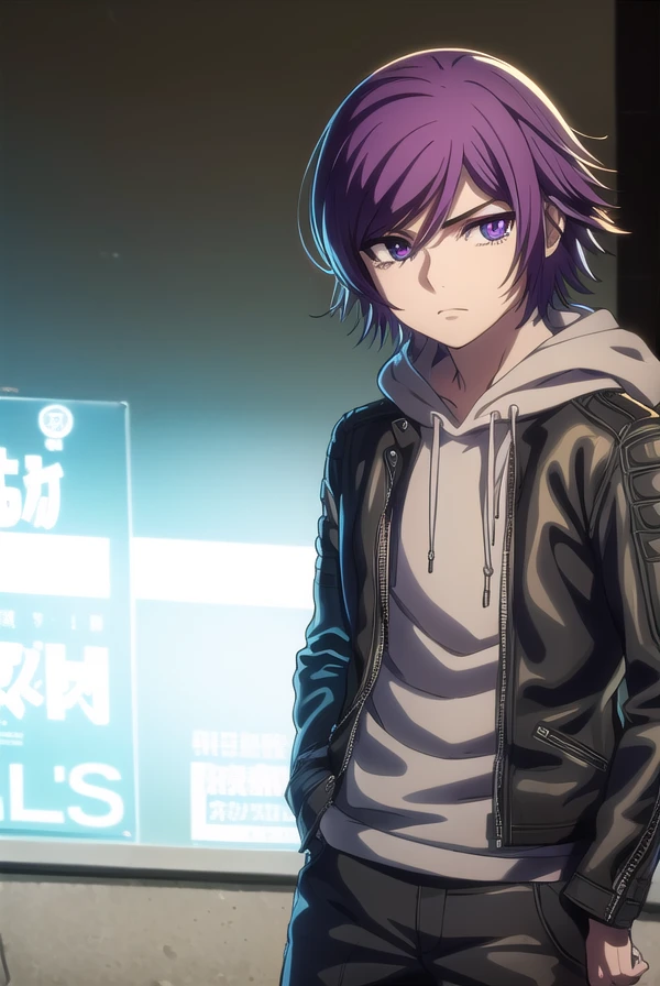 akudamacourier, <lora:akudama courier s1-lora-nochekaiser:1>,
courier, short hair, bangs, purple hair, male focus, (purple eyes:1.1),
BREAK jacket, open clothes, pants, hood, open jacket, black jacket, hoodie, black pants, hood down,
BREAK outdoors, city,
BREAK looking at viewer, (cowboy shot:1.5),
BREAK <lyco:GoodHands-beta2:1>, (masterpiece:1.2), best quality, high resolution, unity 8k wallpaper, (illustration:0.8), (beautiful detailed eyes:1.6), extremely detailed face, perfect lighting, extremely detailed CG, (perfect hands, perfect anatomy),