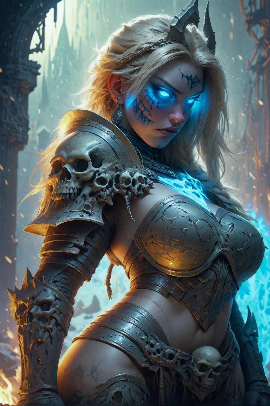 deathknight,woman warrior,crazed and arogant,glowing features,Mimicking picking up a heavy weight and dropping it,blonde hair, (best quality, masterpiece, beautiful and aesthetic:1.2)), colorful, dynamic angle(highly detailed photography),( full body armor:1.3),50mm dof, bokeh, 9:16, (intricate details, hyperdetailed:1.15),awardwinning,(high contrast, official art, highest detailed), realistic, parted lips, braided bangs, nose,(face tattoo:1.3),sharp focus, (OverallDetail:1.2),skull features,(style of mike mignola:1.35),(style of aleksi briclot,ryan hewett,raymond swanland:1.35), <lora:deathknightsyleXL-000004:0.7>,ambient,epic,(edge of creativity and reality:1.2), <lora:add-detail-xl:1>
