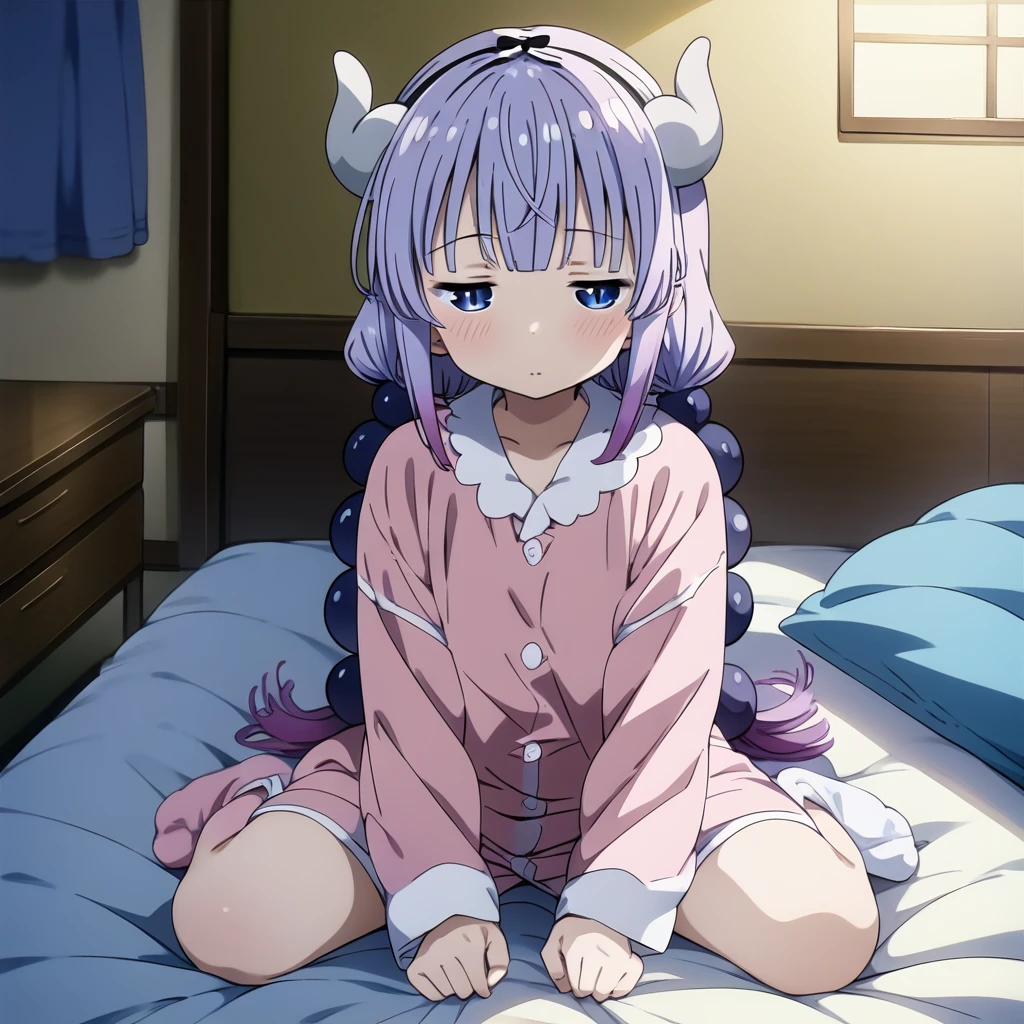 kanna_kamui, kobayashi-san_chi_no_maidragon, 1girl, blue_eyes, purple_hair,
half-closed eyes,
pajamas,