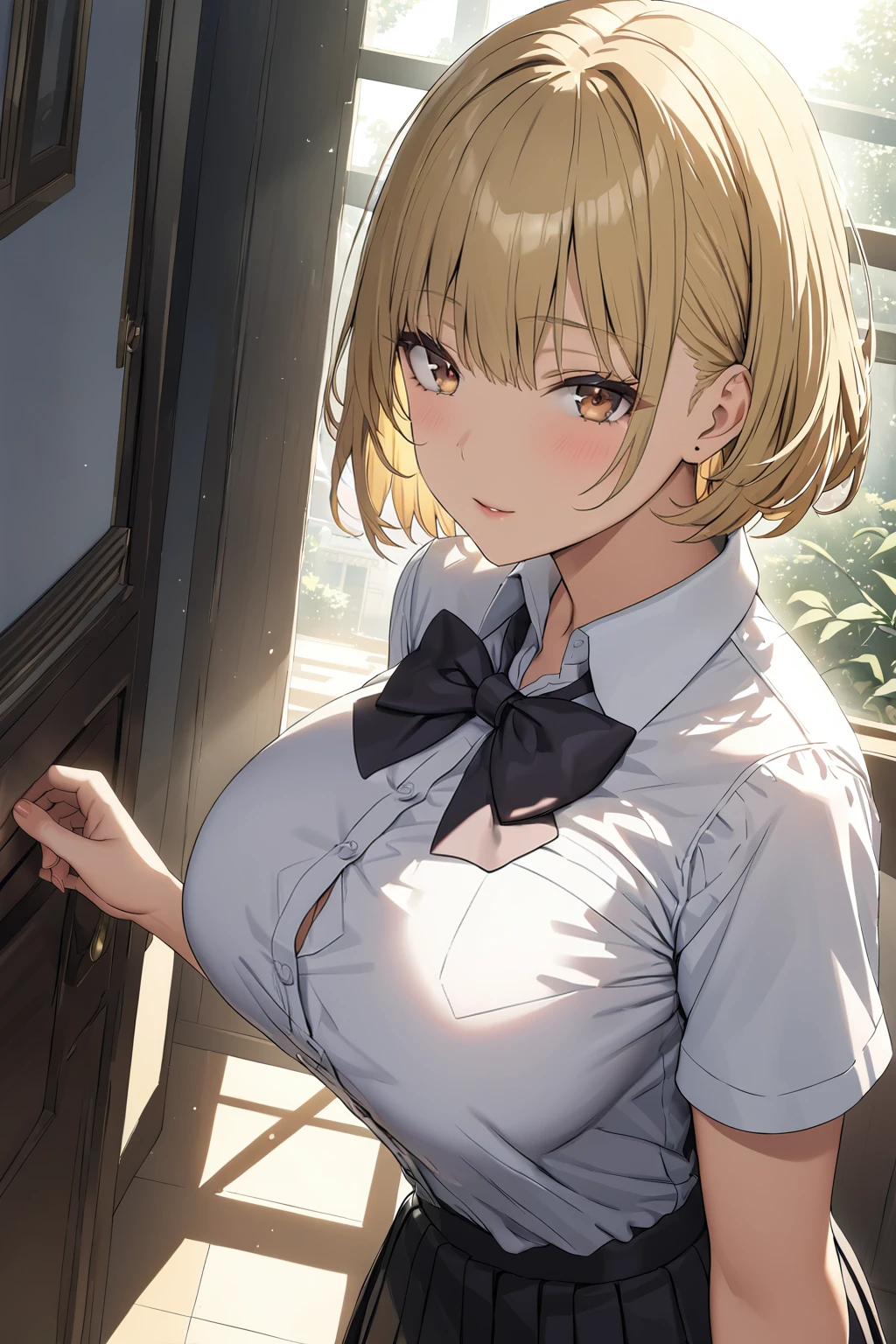 Close-up、blonde、wavy short hair、cute、shirt:1.3、、skirt(((Highest image quality、High resolution、masterpiece、one woman)))、(((showing armpits:1.3)))、(((embarrassing:1.3、)))、(((cute)))、in classroom,lying down on the desk,nsfw