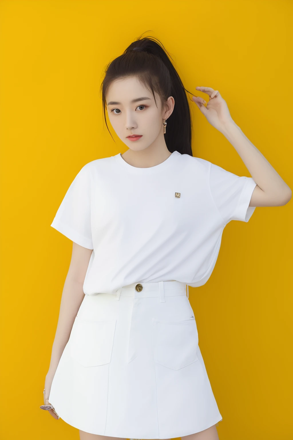 Tabletop,( highest quality),(masterpiece) Realistic,real , Realistic, Very detailed, finely, High resolution, 8k wallpaper,,Anatomically correct body, One cute girl,(Korean Girl:1.4),(13 years old:1.4), (Black Hair:1.3),(Straight long hair:1.4),(Are thin:1.3) ,T-Shirts,(Tartan Skirt:1.4), Sharp focus, Perfect dynamic composition, finelyて美しい目,Slim body, Thin Hair, Detailed and Realistic skin texture, smile, Close-up portrait, 、Summer daytime、garden