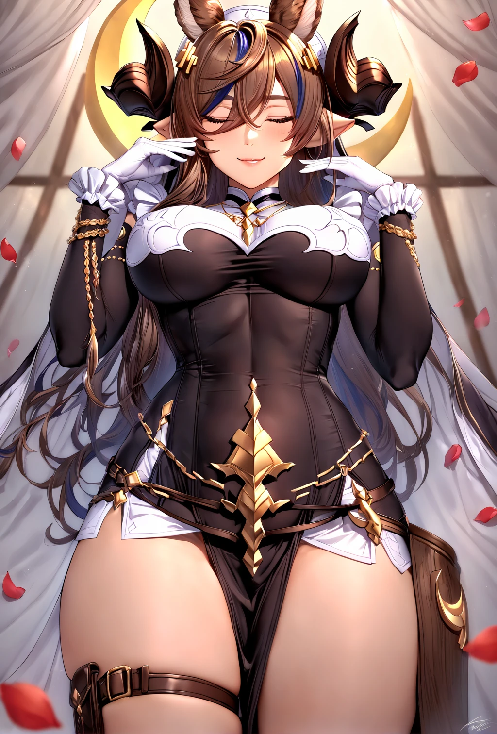 masterpiece, best quality, 1girl, <lora:spgbfGalleonXL-000006:1> galleondef, horns, closed eyes, dress, white gloves, frills, detached sleeves, frilled sleeves, thighhighs, thigh strap, pelvic curtain, adjusting eyewear, hands up, looking at viewer, smile, solo, straight-on, blurry, blurry foreground, candy, crescent moon, food, halftone, moon, petals, signature, star (symbol), upper body