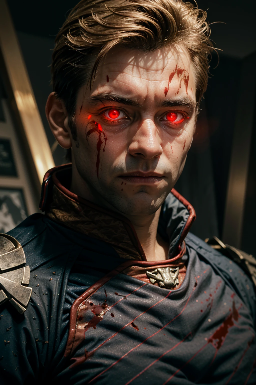 ((ultra detailed, masterpiece, absurdres))
<lora:TBHomelander:0.8>
tbhomelander, solo, looking at viewer, red eyes, 1boy, upper body, male focus, star, (symbol), uniform, military, blood, military uniform, glowing, facial hair, glowing eyes, blood on face
