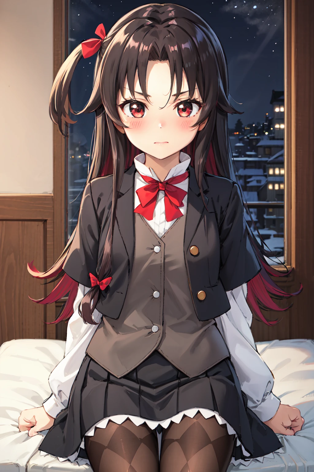masterpiece,best quality,highres,ultra-detailed,yashajin ai,long hair,multicolored hair,one side up,parted bangs,sidelocks,hair bow,jacket,black jacket,open jacket,red bowtie,vest,brown vest,shirt,white shirt,short sleeves,short over long sleeves,skirt,black skirt,pantyhose,brown pantyhose,argyle legwear,<lora:yashajin_ai:0.8>,indoors,sitting,bed,blush,(embarrass:1.2),(night:1.4),